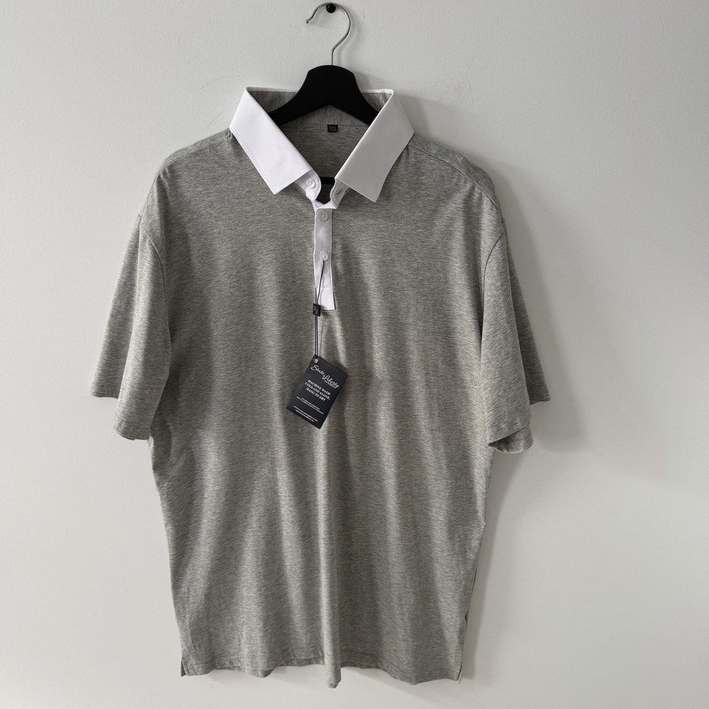State & Liberty Polo Shirt Mens 3XL Grey White Collar Stretch Short Sleeve